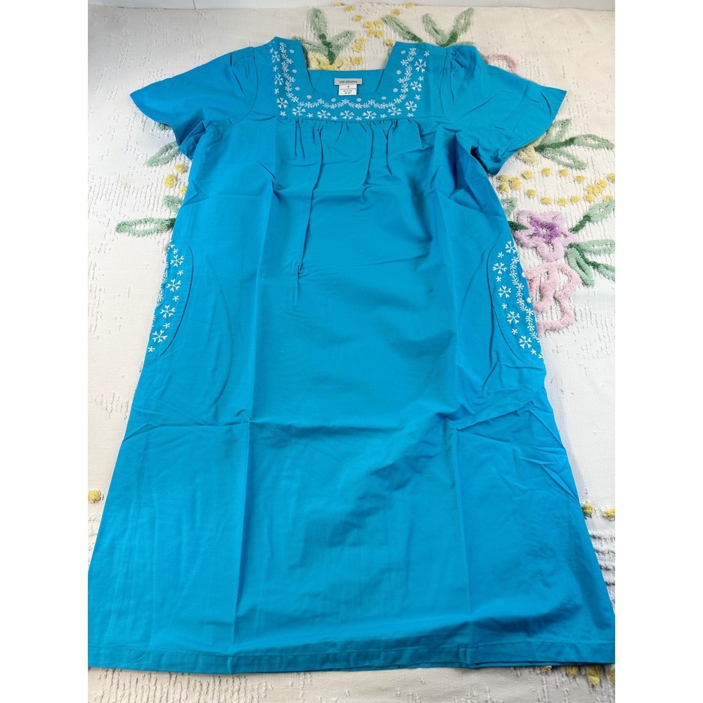 CW Classics Turquoise Blue Embroidered Square Neck Muumuu House Dress Small NEW